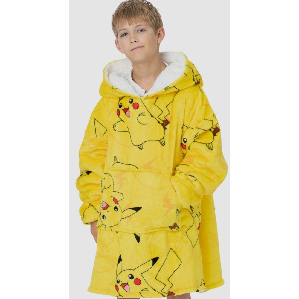 Pokemon Pikachu Kids One Siz Fleece Hoodie Blanket Oversized Cozy Yellow Lounge